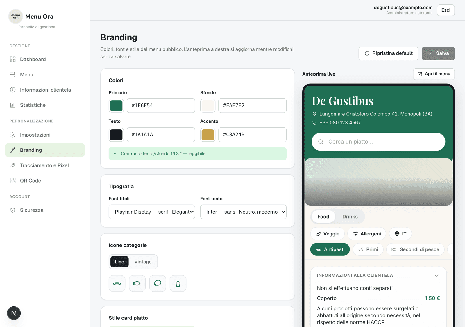 Pannello Branding di Beautycard: scelta di colori, tipografia e icone con l'anteprima live della vetrina pubblica a destra